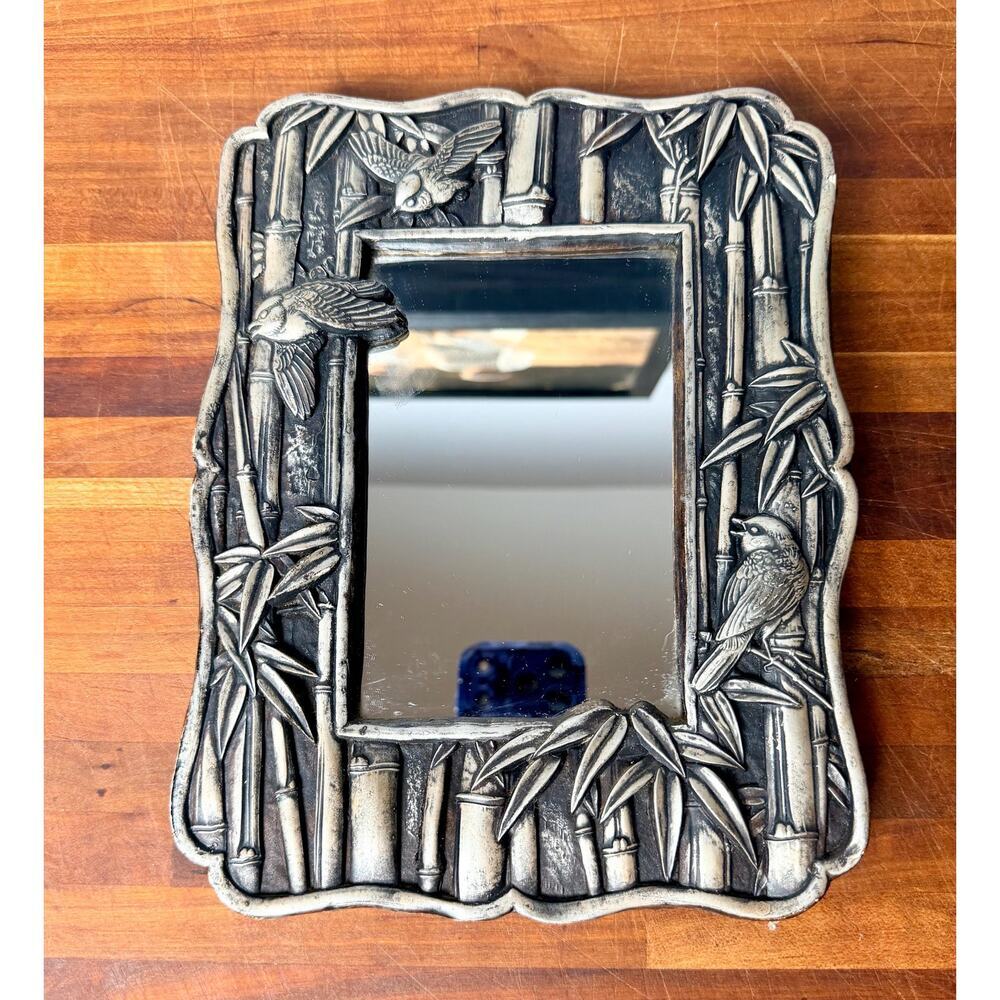 Vintage Chinoiserie Bamboo Bird Mirror | Silver Tone Hollywood Regency - Picture 13 of 16